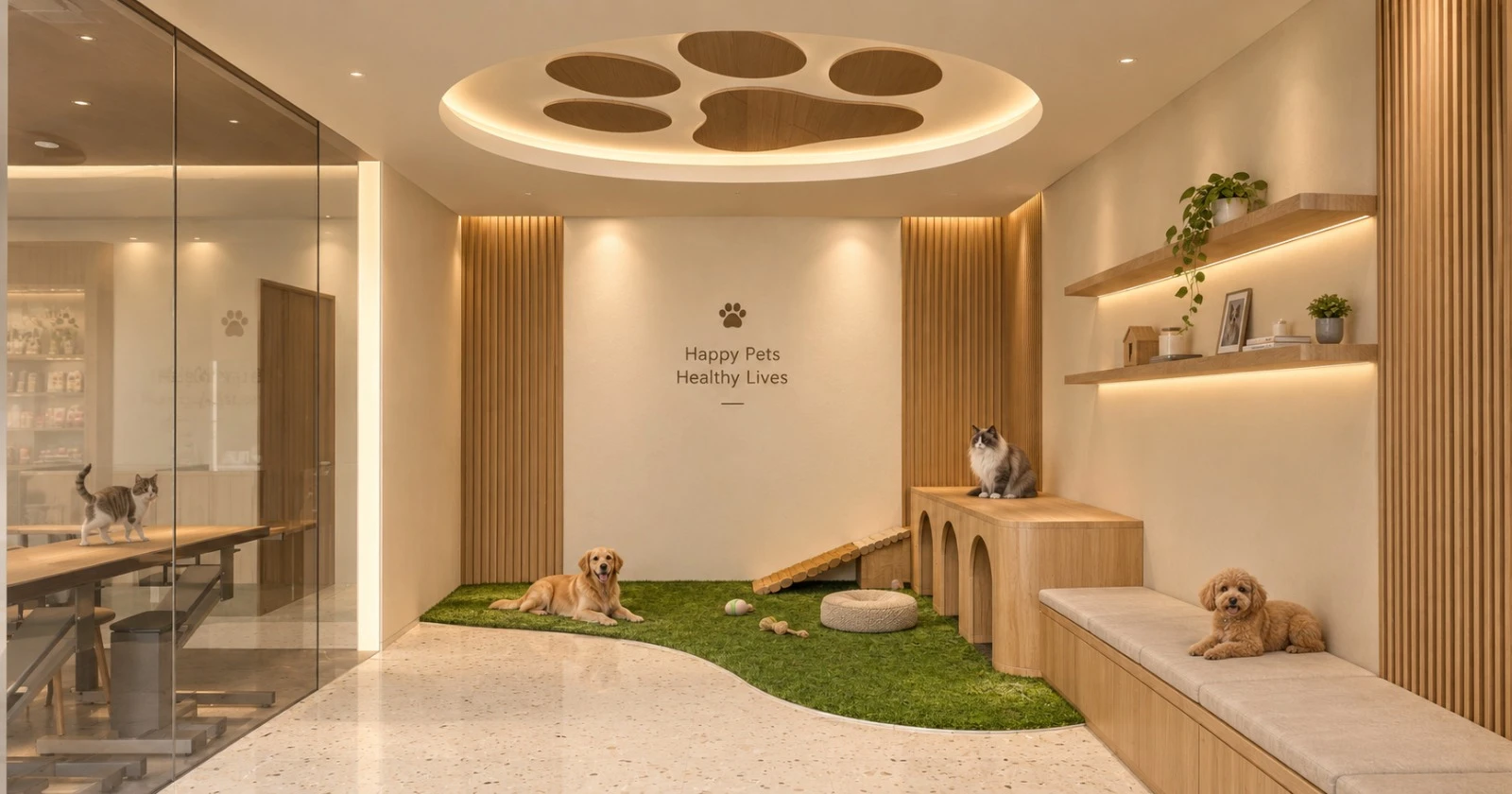 Area daycare bernuansa kayu hangat dengan area rumput, tempat bersantai, dan partisi kaca