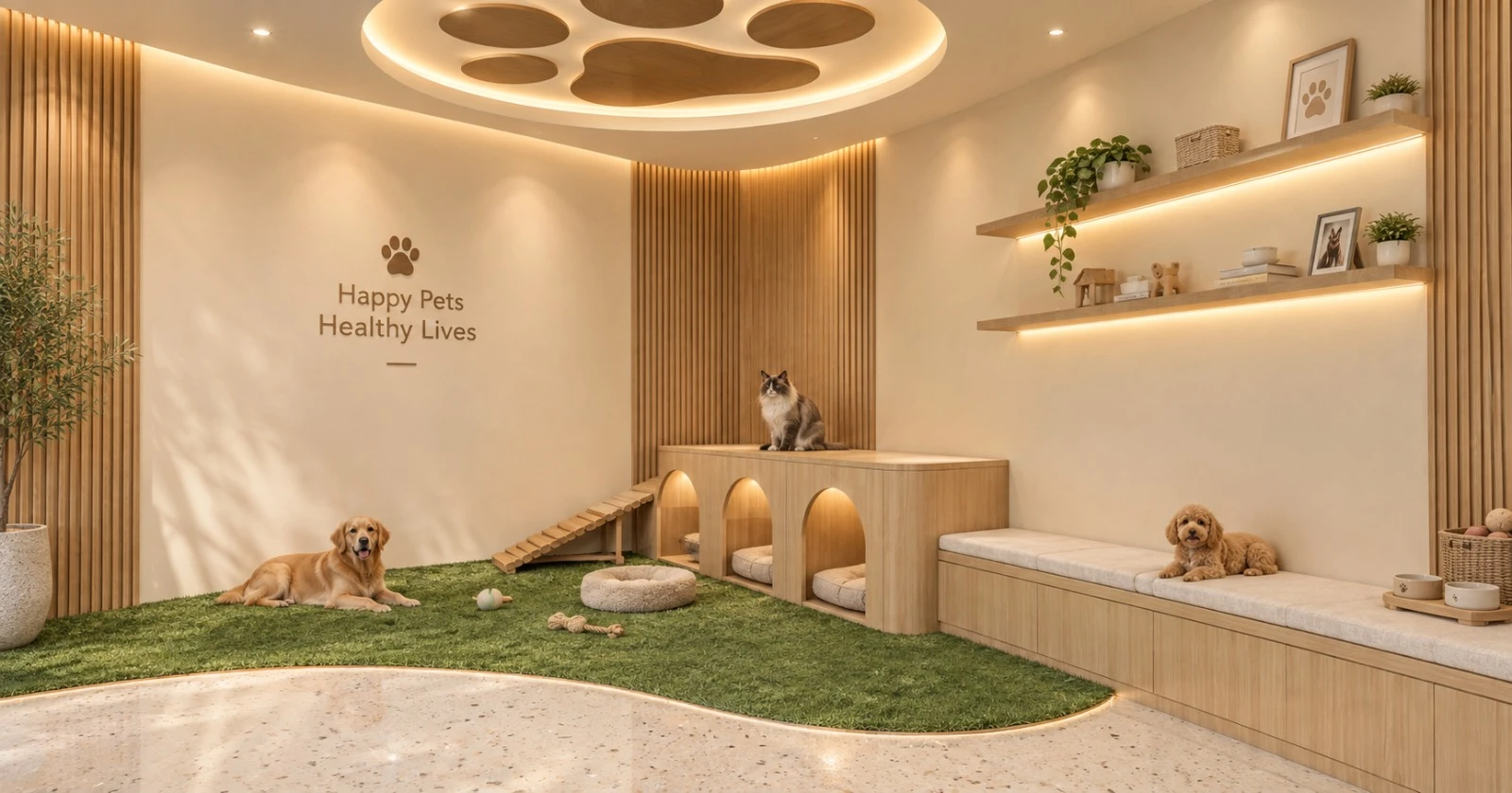 Area daycare dengan ramp kayu, tempat istirahat hewan, dan area rumput